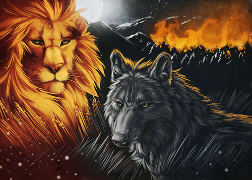 The wolf and the glaring lion